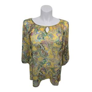 Charter Club Sheer Floral Sparkle Blouse Women 20W Yellow Keyhole Neckline